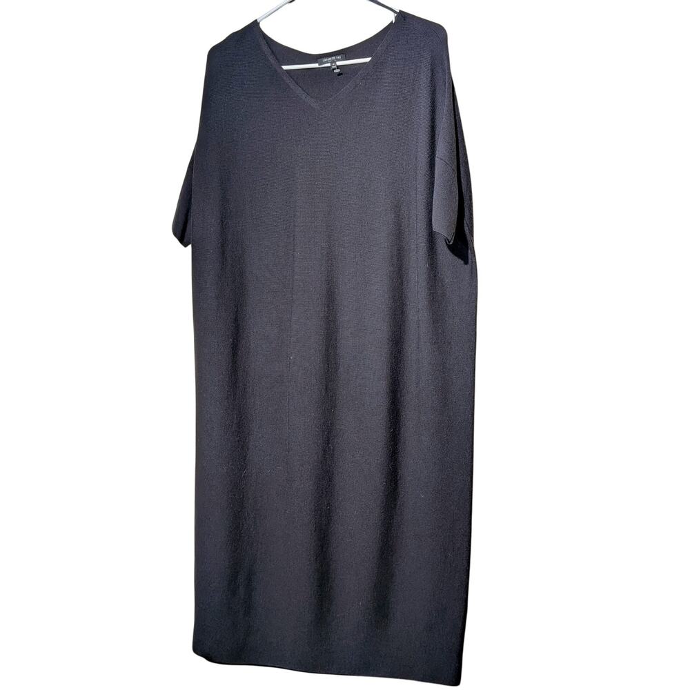 Lafayette 148 New York Black/Navy V Neck Oversize Drop Sleeve Sweater Dress Sz M